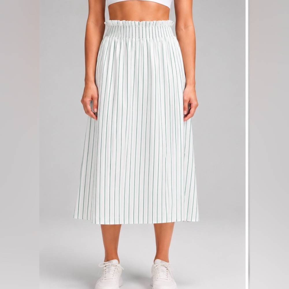 Lululemon Stretch Woven Ruffle-Waist Midi Skirt Size L Green Stripe NWT LW8APLS